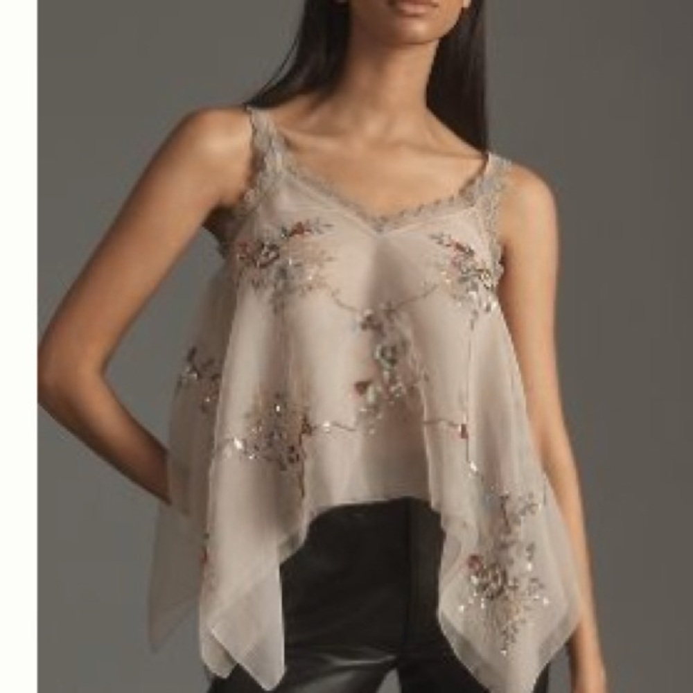Beaded Embellished Sheer Handkerchief Hem Camisole - Taupe